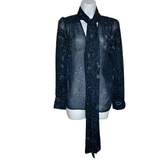 SEE by CHLOE size 34 Blue  blouse Neck Tie Bow Semi-sheer long sleeve - Picture 4 of 14